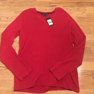 Tommy Hilfiger Womens Red Cable Knit V Neck NWT Sweater Top Size L Long Sleeve